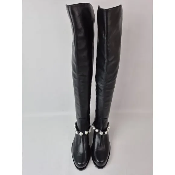Stuart Weitzman Women's Black Portia 5050 Studded Pearl Boots Size 7.5 B - Picture 4 of 7